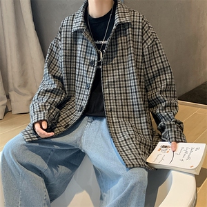 秋冬季港风格子毛呢大衣男韩版宽松情侣文艺夹克外套J/