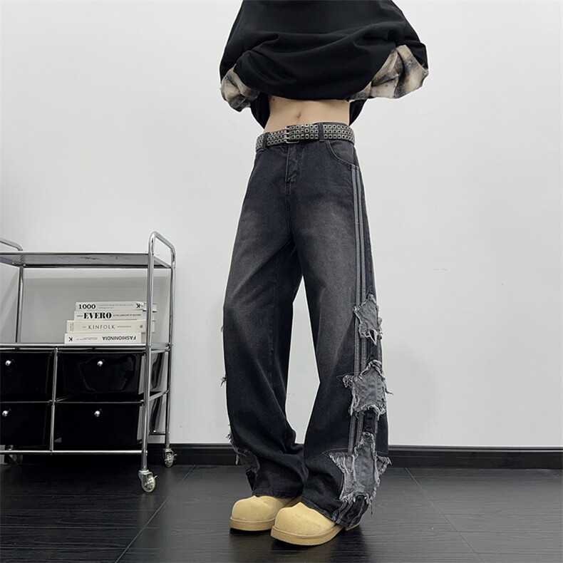 美式复古高街星星贴布设计感拼接牛仔裤男女宽松直筒垂感阔腿长裤,男装牛仔裤,星座410-6（原星座1304-1）