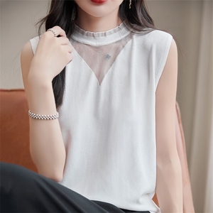细腻质感蕾丝吊带背心女夏外穿显瘦荷领针织衫无袖内搭打底上衣图片
