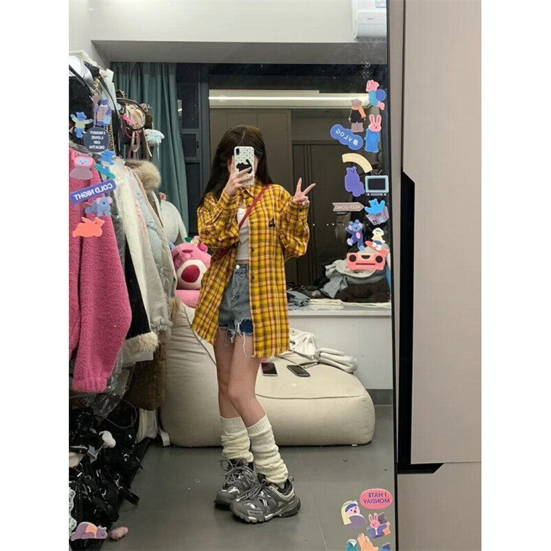 2025美式复古多巴胺黄色格子衬衫男女高街衬衣开衫长袖外套上衣,男装衬衫,星座506A