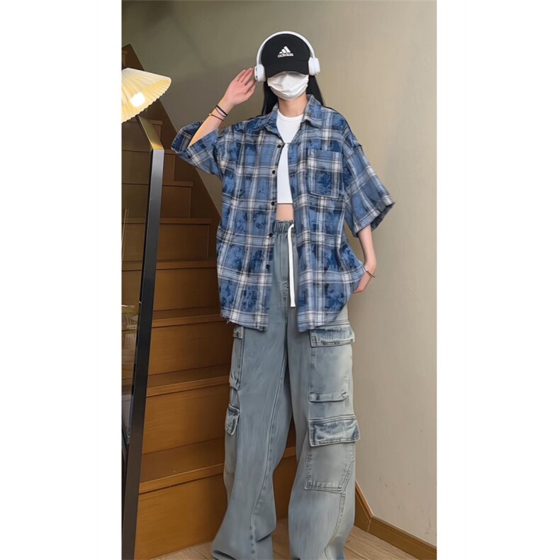 现货 夏季宽松复古磨毛扎染格子短袖毛边衬衫 C16-特P38 控68图片
