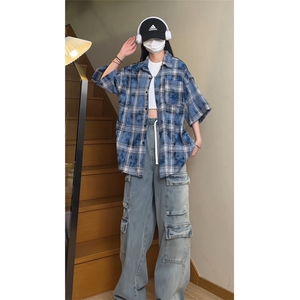 现货 夏季宽松复古磨毛扎染格子短袖毛边衬衫 C16-特P38 控68图片