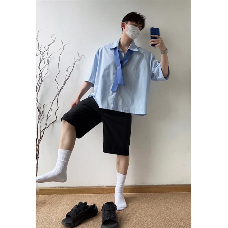日系蓝色条纹衬衫男女夏季少年感穿搭宽松交叉领带衬衣外套C9181,男装衬衫,星座601-1