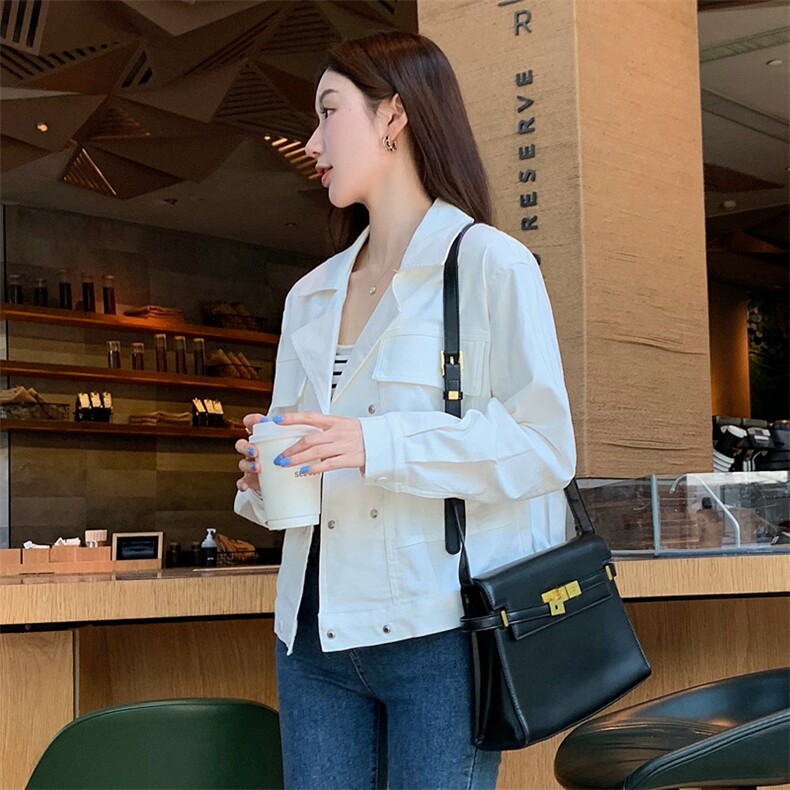 新款秋装外套女常规翻领百搭插肩袖单件长袖直筒短款上衣,女装短外套,梦懿尔