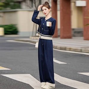 蕾丝拼接牛仔套装女2025春季新款穿搭时尚牛仔外套阔腿长裤两件套图片