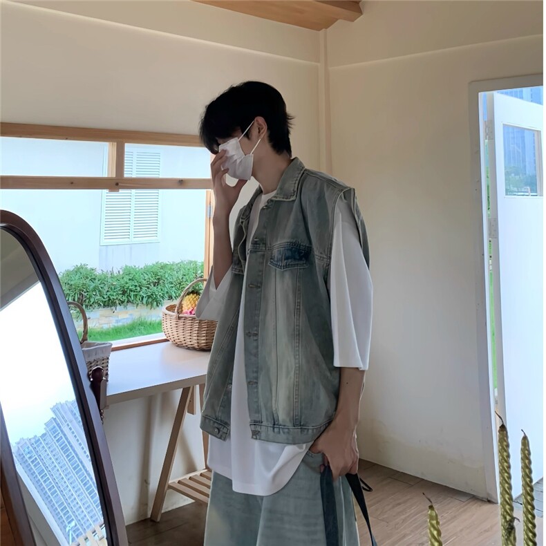 美式复古牛仔套装男高级感马甲短裤两件男装套搭配网图8622-p80,男装牛仔裤,星座1001-1