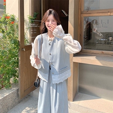 浅蓝色蕾丝拼接马甲阔腿裤套装女夏小香风甜美两件套独特绝美气质，女装套装/套裙，2C037