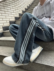 条纹拼接阔腿牛仔裤重工复古拉链工装牛仔长裤XN859-P55，男装牛仔裤，星座1001-1