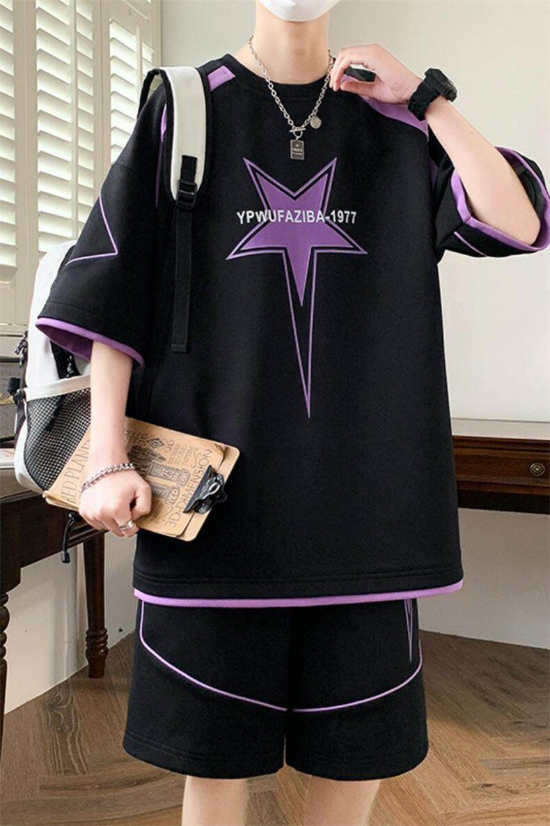 84305-P55青少年冰丝短袖T恤休闲运动服短裤套装男帅气学生夏装,男装T恤,电商D310B