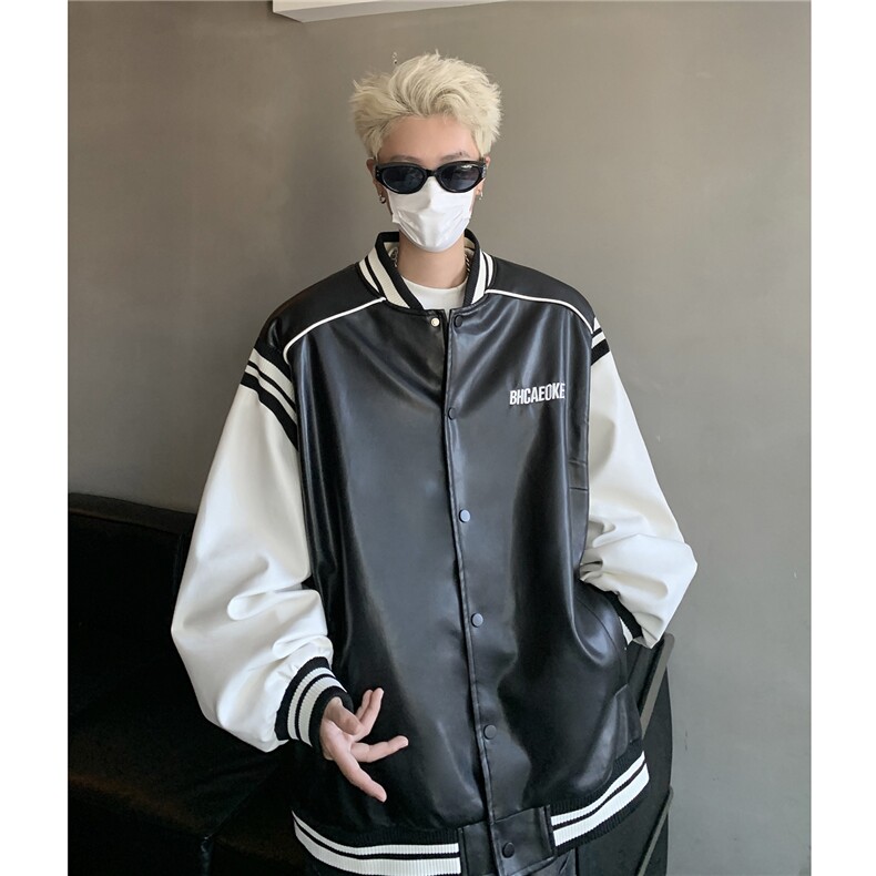 港风美式复古拼接罗纹pu棒球服情侣皮衣夹克外套男女G1094P108,男装夹克,电商A339