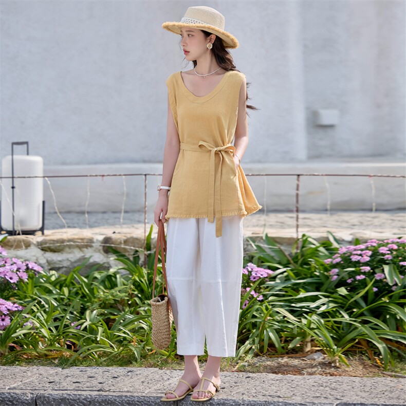 通勤出街气质棉麻两件套女2025夏季新款韩版长裤上衣搭配套装,女装套装/套裙,梦懿尔