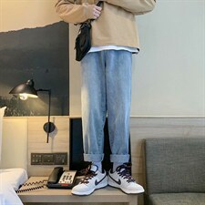 直筒裤男宽松港风牛仔裤潮牌嘻哈网红韩版潮流拼接阔腿kz89-p38图片