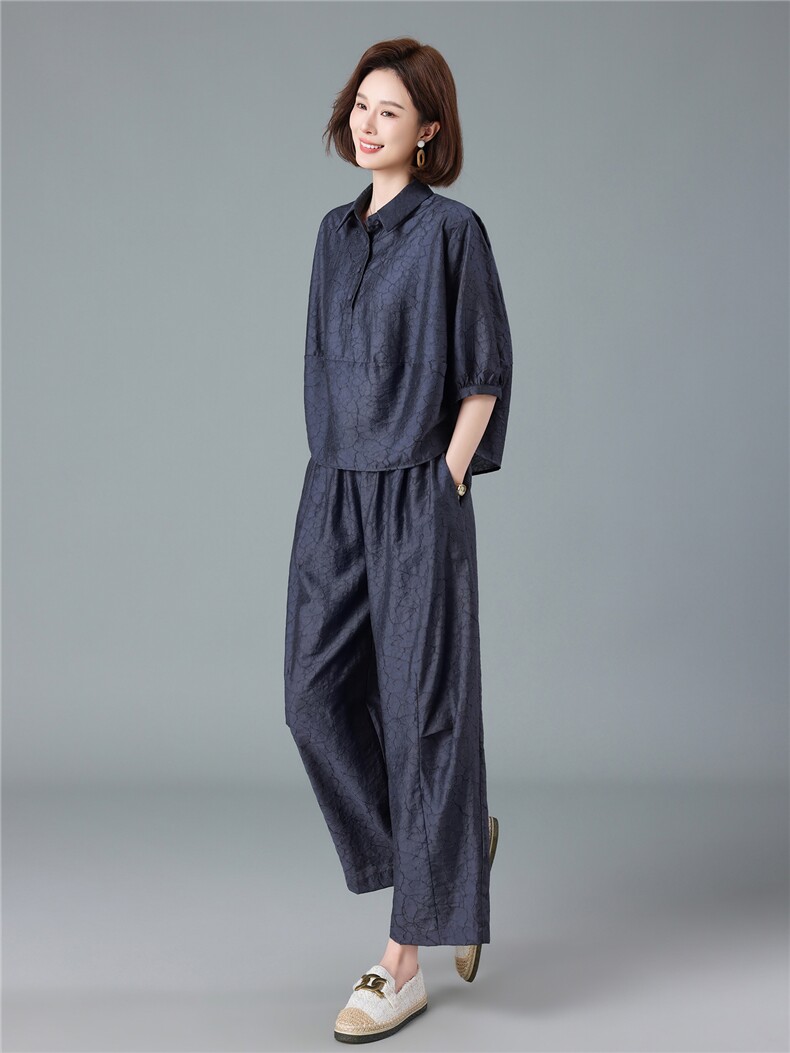 现货2026夏季新款宽松大码洋气减龄莱赛尔提花衬衫套装两件套,女装套装/套裙,深水步