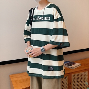 1港风美式字母印花设计大码M-5XL潮条纹短袖T恤男77023P35控58图片