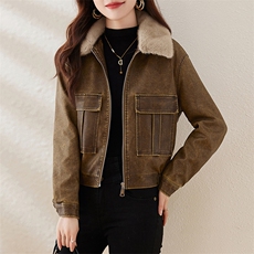 复古加绒皮衣外套女小个子短款2023冬装新款配毛领修身机车服夹克，女装皮衣，江南女神