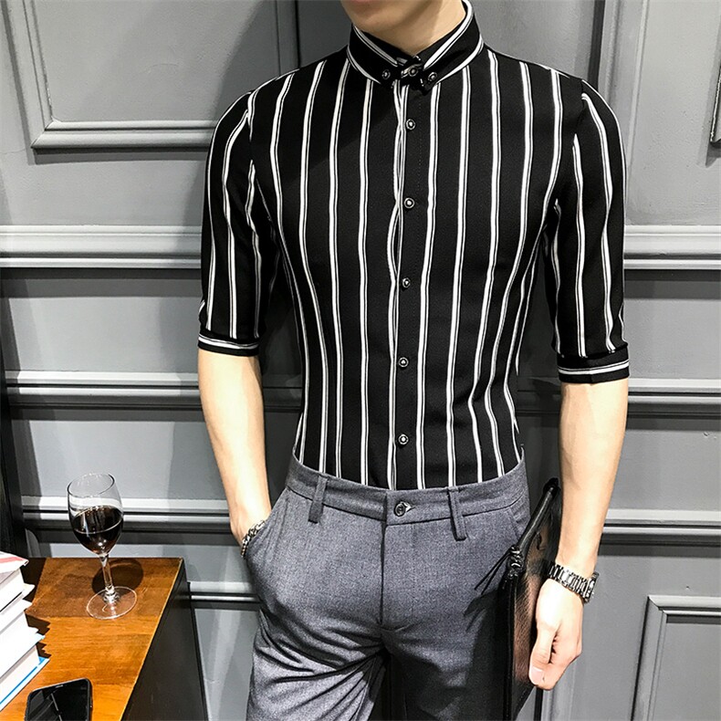 LT489-型男潮扣领休闲中袖衬衫夜店风修身七分袖衬衣,男装衬衫,星座717A