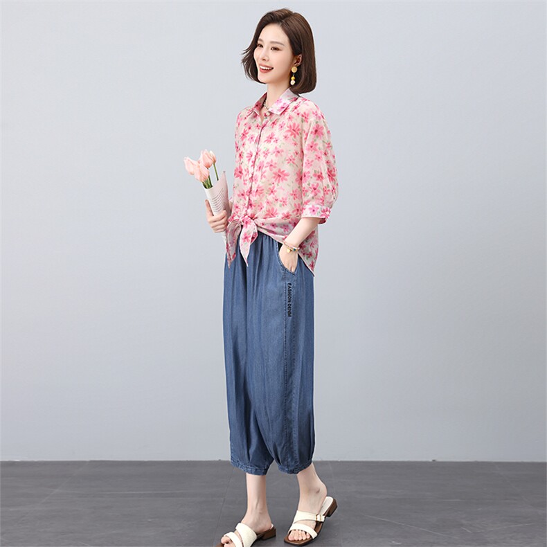 叶笙衣套装2553-105宽松印花开衬天丝牛仔裤套装,女装套装/套裙,叶笙衣