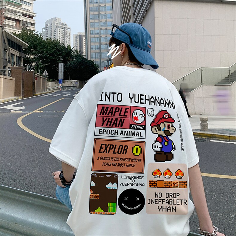 超级玛丽美式复古短袖t恤男高街潮牌潮流320g重磅oversize夏7分袖,男装T恤,电商019-1