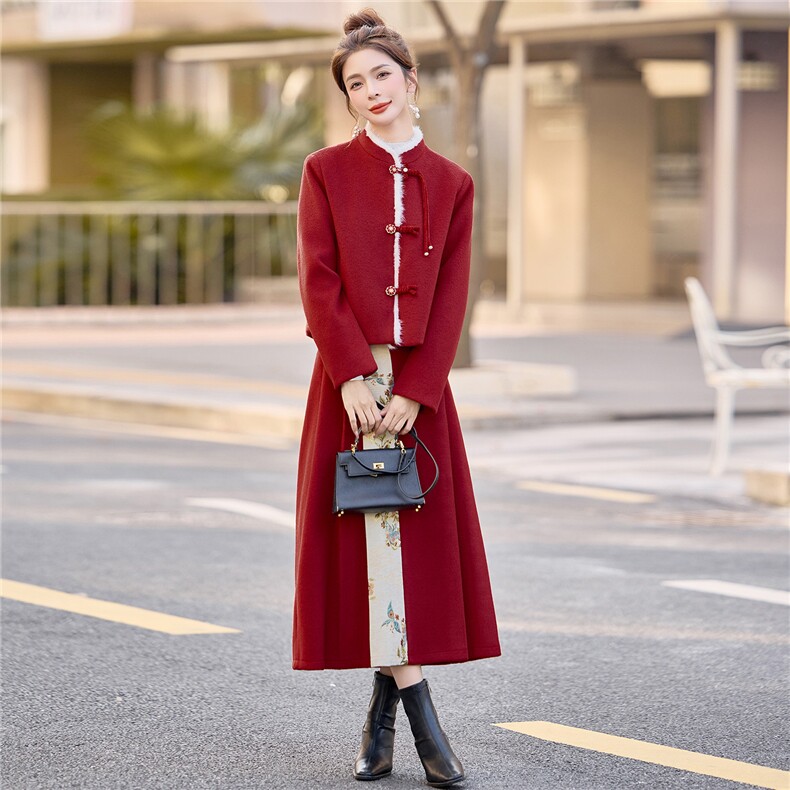 《现货》2025年冬季中式90羽绒服两件套装淑女保暖套装提花纯色女,女装套装/套裙,小九月