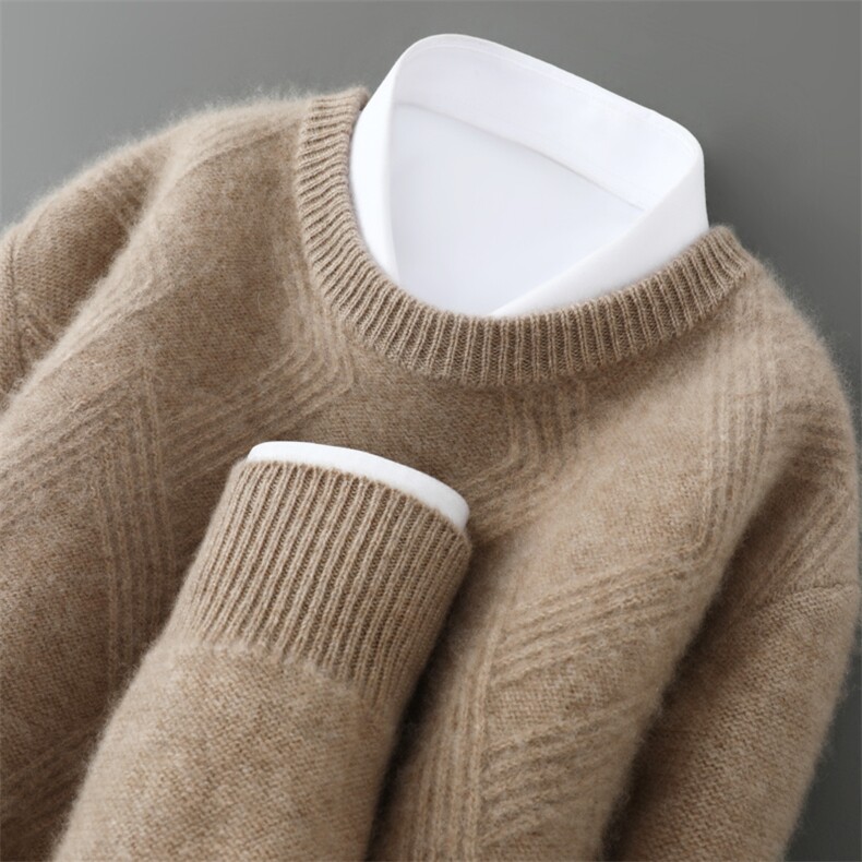 100%纯羊毛衫男圆领加厚提花针织长袖毛衣宽松保暖休闲羊绒衫打底，男装羊毛衫，嘉日羊绒