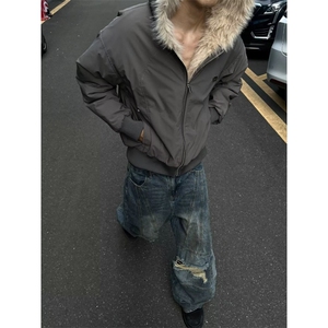 拉链新款青少年潮文艺潮流毛领连帽棉服宽松短款外套简约日系印花图片