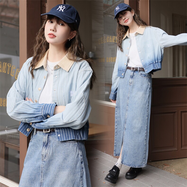 现货可推2024秋装新款复古港风气质水洗渐变竖条纹牛仔外套女，女装牛仔外套，时尚风爆