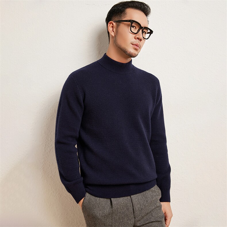 时尚男半高领羊绒衫羊绒秋冬保暖必备经典深蓝舒适百搭男装，男装羊绒套衫，绒歆坊