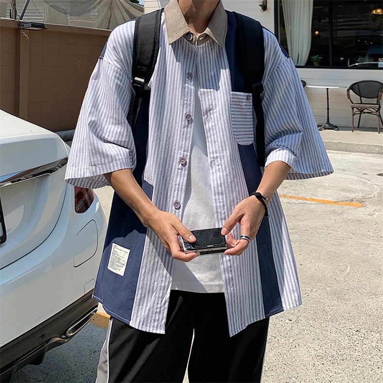 S29-P34日系复古条纹拼接短袖衬衫,男装衬衫,星座1501-1