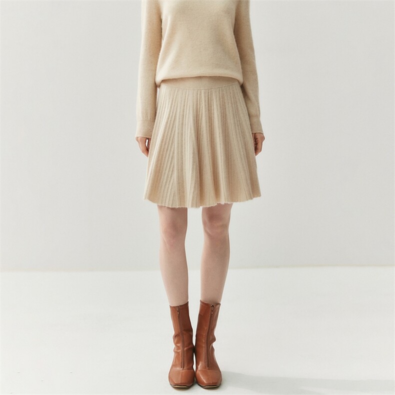 秋冬小个子羊绒高腰百褶裙女针织紧身半身裙简约短裙时尚百搭a字，女装半身裙，绒创羊绒