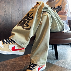 k1079-p55-控78M-5XL现货oversizecleanfit显瘦黄泥牛仔裤破洞，男装牛仔裤，星座116