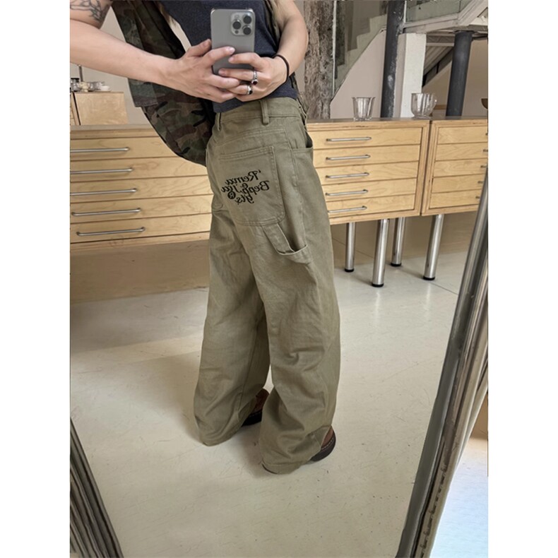 网图慎用 美式刺绣直筒休闲裤男宽松拖地工装裤K24106-特P35控68图片