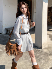 秋季少女风长袖套纹A字裙百褶连衣裙小众裙子显瘦气质长袖时尚，女装连衣裙，浙宝305