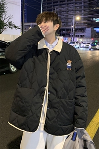 1港风情侣灯芯绒拼接连帽棉衣男假两件小熊棉衣男8713P135控168图片