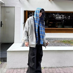 J210-P59 美式潮牌假两件蓝色格子连帽卫衣秋冬复古重磅开衫外套图片
