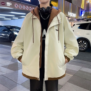 A965-P62 秋季假两件夹克外套日系复古潮牌宽松oversize连帽上衣图片