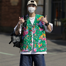 MJ03大花休闲男士风盘扣马甲大码花坎肩团队服喜庆婚礼服潮男，男装背心/马甲，星座115A(原星座507）