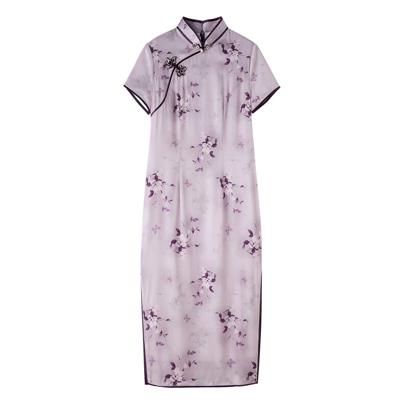 杭州品质真丝长裙复古印花连衣裙女春夏日常修身潮流真丝旗袍,女装汉服/婚纱/旗袍/礼服,小荷流