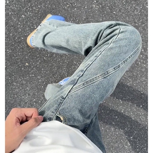 廓形直筒修身微喇裤子美式复古水洗弯刀牛仔裤男款潮牌斜切NG641图片