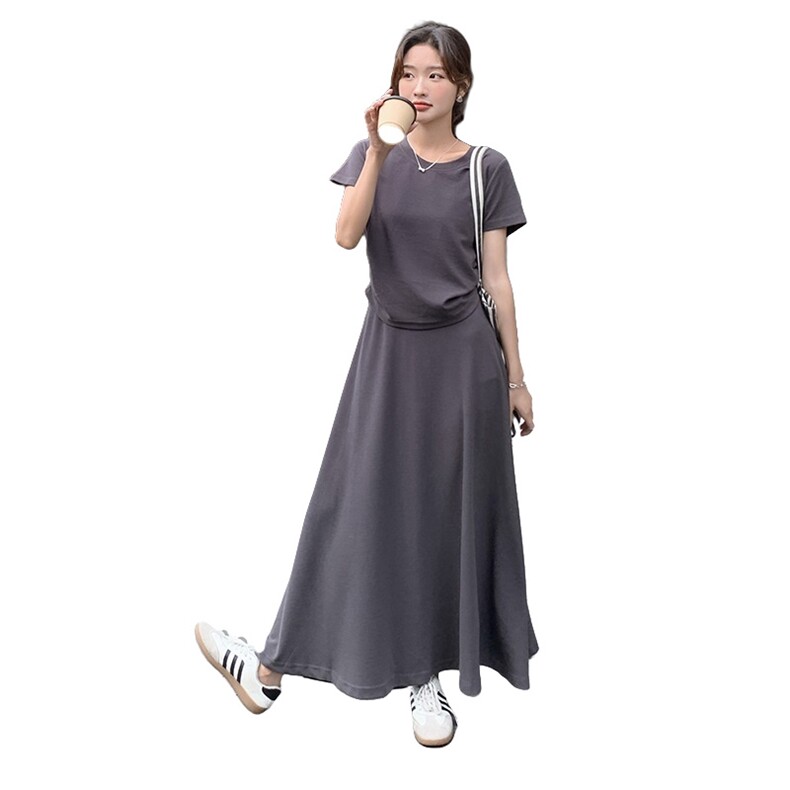 灰色T恤半身裙套装女夏2025新款韩版时尚穿搭一整套气质显瘦长裙,女装套装/套裙,浙宝212A