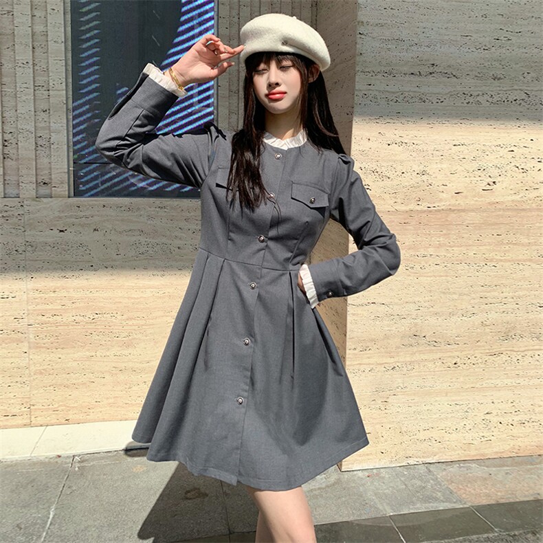 现货2024年春季新款女时尚气质优雅拼木耳边显瘦网红连衣裙图片