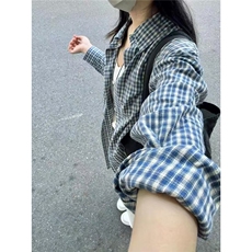 蓝色衬衫女秋季街头polo领格子衬衣休闲外套oversize美式复古上衣，男装衬衫，星座506A