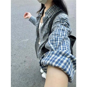 蓝色衬衫女秋季街头polo领格子衬衣休闲外套oversize美式复古上衣图片