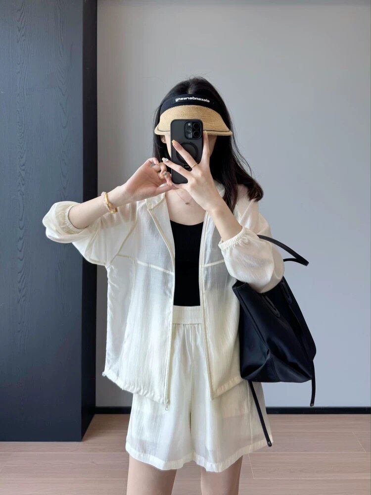 夏季天丝莱赛尔防晒衣连帽运动套装空调衫外套+短裤两件套图片