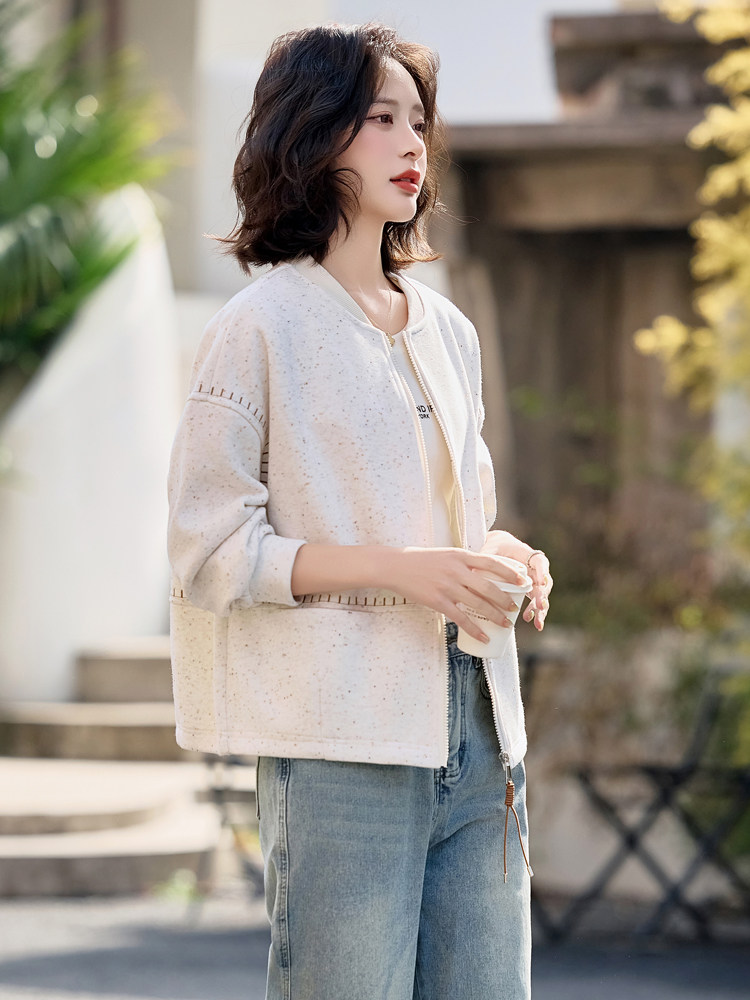 米白色休闲棒球服短外套女2025春秋新款宽松百搭圆领卫衣开衫上衣,女装短外套,梦懿尔