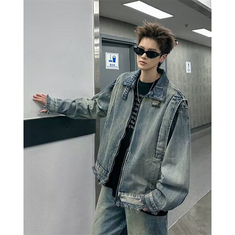 扎染立领牛仔外套男春秋款美式复古宽松休闲小众解构工装B27/P90图片