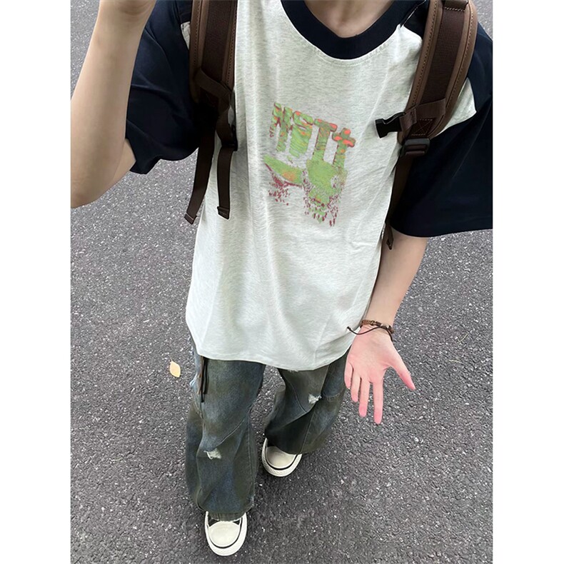 抖音得物高品质二开240克宽松纯棉美式潮牌插肩袖拼接短袖T恤,男装T恤,电商A486