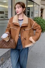 2024年冬季新款立领三角扣宽松短款保暖羊羔毛皮毛一体外套，女装羊羔毛/颗粒绒，流量+