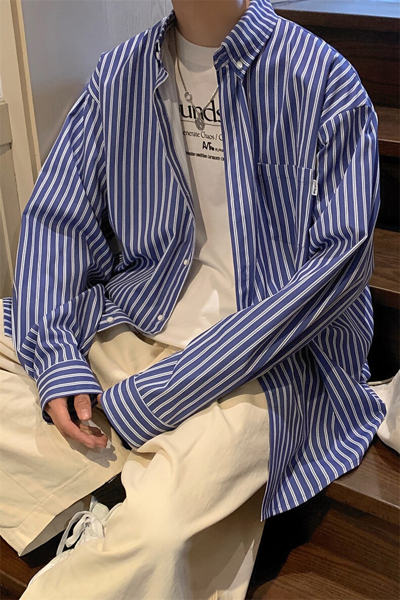 21条纹衬衫男士港风日系长袖潮牌休闲衬衣CS715P45控68,男装衬衫,电商B413-1