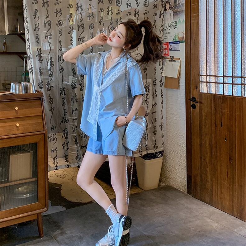 小个子独特漂亮牛仔套装女夏季2025新款休闲减龄衬衫短裤两件套女,女装套装/套裙,浙宝276（原081）