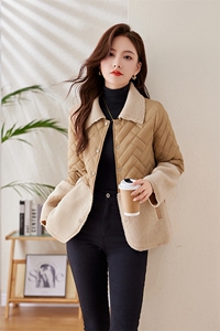 羊羔毛拼接轻薄羽绒棉服女2024冬新款时尚菱格夹棉保暖棉服小棉袄图片